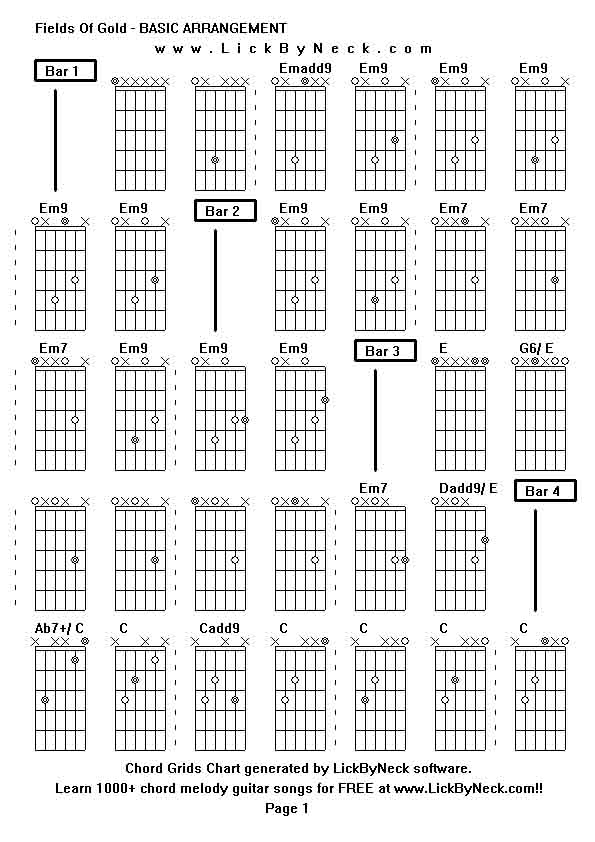 Chord Grids Chart of chord melody fingerstyle guitar song-Fields Of Gold - BASIC ARRANGEMENT,generated by LickByNeck software.